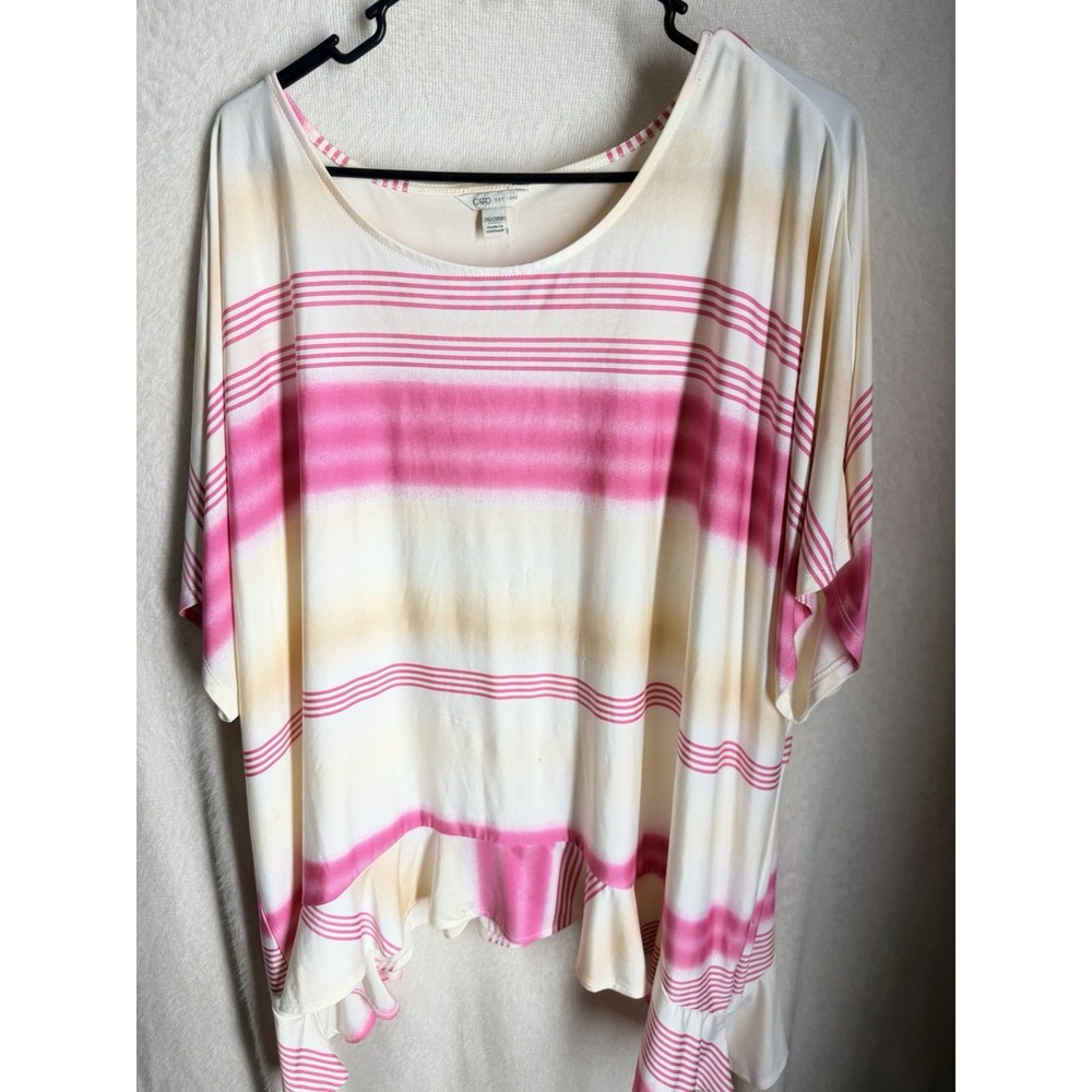 CATO Top Womens 26/28W White Pink Stripe Ombre Ruffle Hem Dolman Top 2X 3X